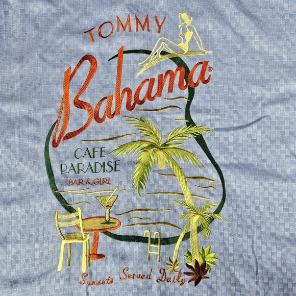 Tommy Bahama Button Up Mens M Blue Silk Embroidered Cafe Paradise Bar Girl Camp - Picture 7 of 7